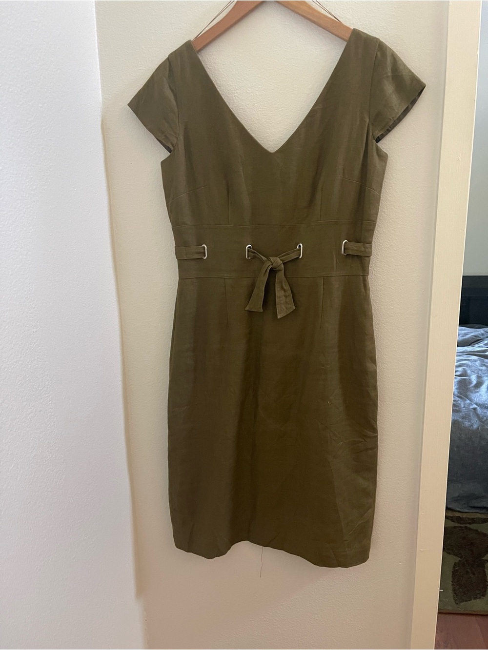 Vintage Talbots Olive Green 100% Linen Belted Dress - Size 10
